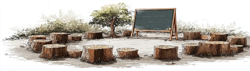 A circular arrangement of tree stumps around a chalkboard under a tree, creating a natural learning or gathering space in an outdoor setting.