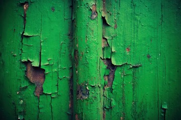 Close Up Shot Of Weathered Green Painted Wooden Surface With Peeling Paint