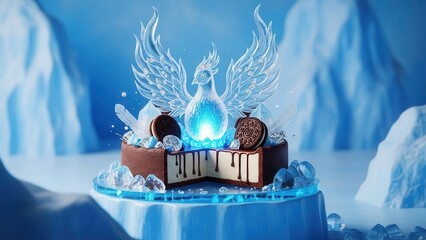 A mesmerizing chocolate cake adorned with an ice sculpture of a phoenix, set against a backdrop of snowcovered mountains, evoking a sense of winter wonderland and culinary artistry
