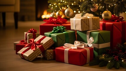 Festive Christmas Gifts Under Tree Decorations Warm Holiday Scene Family Celebration Presents