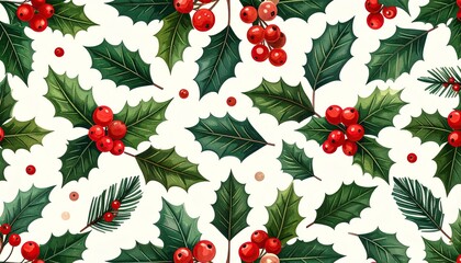 Watercolor Holly Berries and Green Leaves Christmas Pattern.