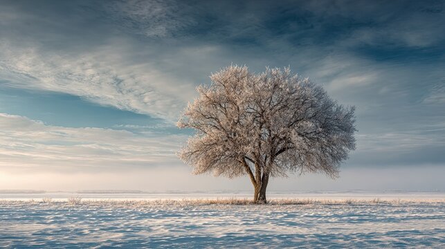 A solitary, frosted tree stands in a snowy landscape under a dramatic sky, creating a serene winter scene.