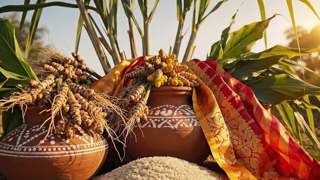 pongal footage, Pongal harvest elements arranged artistically sugarcane, turmeric bunches, rice grains, pots, and festive cloth.