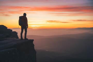 Silhouette of a lone hiker standing on a rocky cliff edge gazing at a vibrant colorful sunset over a misty valley below