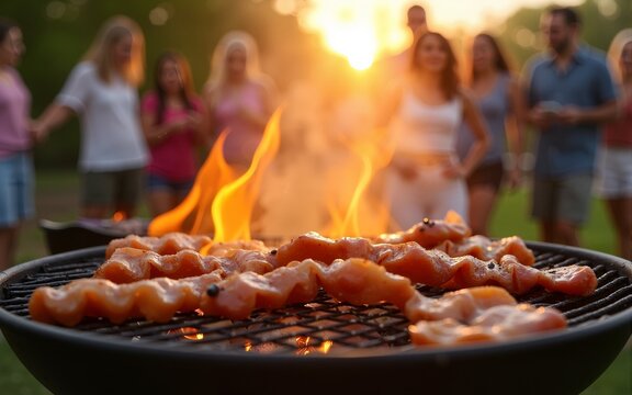 se-up of a sizzling BBQ captures the essence of a spring or summer evening celebration, with joyful people in the background. High quality