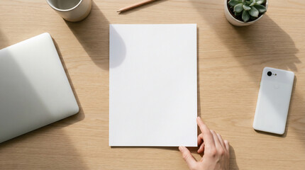 Blank Paper Mockup, Held by a Hand on a Light Wooden Desk, Surrounded by a Laptop, Smartphone, and Coffee Mug, Bathed in Natural Sunlight