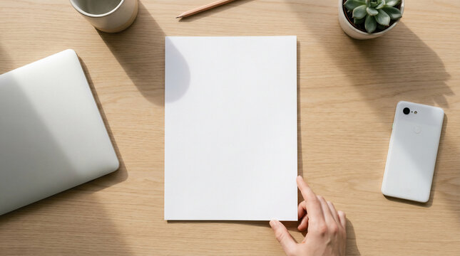 Blank Paper Mockup, Held by a Hand on a Light Wooden Desk, Surrounded by a Laptop, Smartphone, and Coffee Mug, Bathed in Natural Sunlight