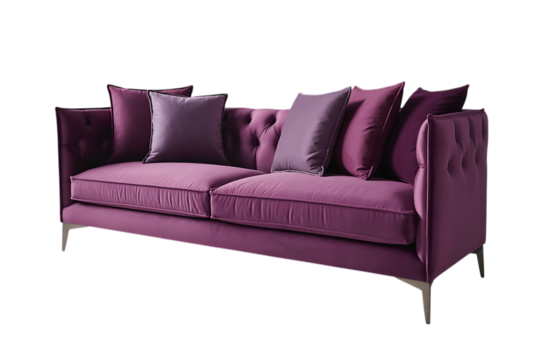 Elegant tufted purple velvet sofa with decorative pillows isolated on transparent background