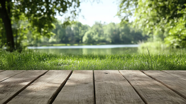 Lush green lawn by wooden deck overlooking calm lake with peaceful sunlight