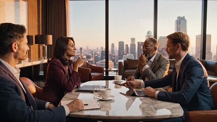 Diverse business professionals in discussion during a meeting with cityscape view - Powered by Adobe