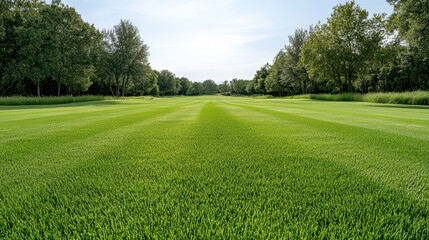 Fototapeta premium Lush green fairway leading to distant trees under soft sky, calm summer landscape