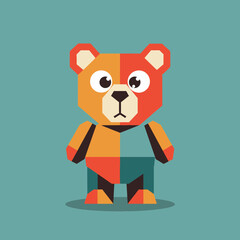 A cute geometric bear illustration with a split color design in orange, red, and blue on a teal background.