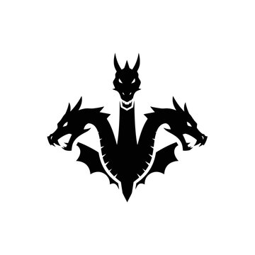 Black silhouette of a three-headed dragon with wings, depicted in a minimalist and iconic style.