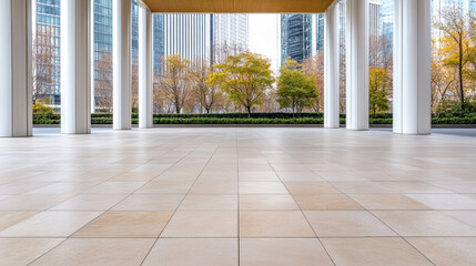 Fototapeta premium Open plaza columned lobby tile floor urban parkdaylight modern architecture