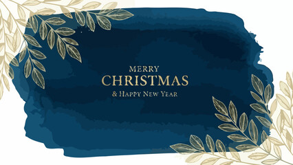 Elegant Christmas & New Year Greeting Blue Watercolor Design with Golden Leaves, Festive Wishes © Mugi