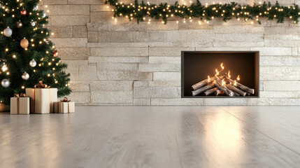 Cozy fireplace Christmas tree gifts festive garland lights