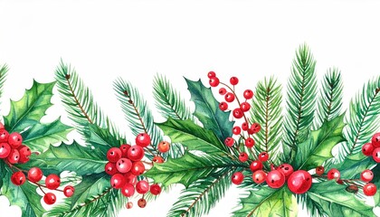 Watercolor Christmas Border with Holly Leaves Red Berries and Pine Branches.