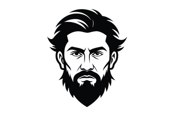 Stern black bearded man with sharp features and styled hair presents a focused gaze