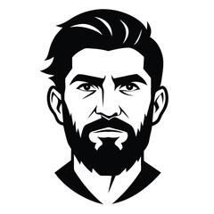 Black and white displays determined man's head with beard and styled hair