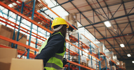 Logistics, boxes and person with trolley in warehouse to transport stock, cargo shipping or...