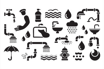 Water and plumbing icon set with taps, pipes, droplets, and showers