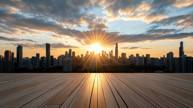 Sunset skyline wooden terrace cityscape sunrise warm light peaceful horizon