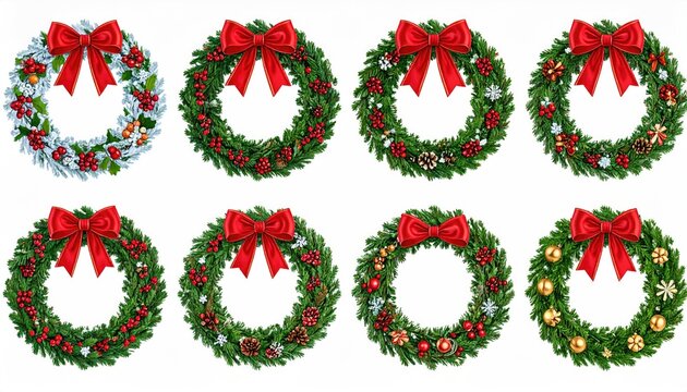 Collection of eight festive Christmas wreaths decorated with red bows and natural elements.