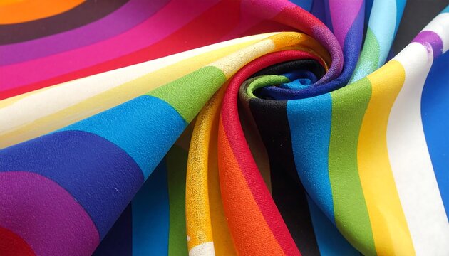Close-up of rainbow fabric, tightly swirled, showing vibrant colors