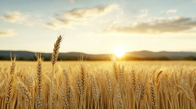 Golden wheat field under warm sunlight with distant hills and glowing sunset