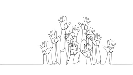 A group of raised hands volunteering, illustrated in a minimalist one line art continuous drawing