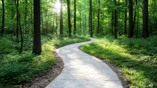 Green forest path sunlit forest trail winding woodland walkway serene nature path lush green - Powered by Adobe