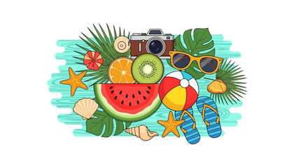 Summer Vacation Flat Design Palm Leaves, Watermelon, Camera, Sunglasses, Seashells, Starfish