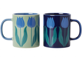 Two ceramic mugs with blue tulip floral pattern in light green and dark blue isolated on a transparent background