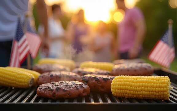 Succulent hamburgers and corn on the cob grilling on a vibrant BBQ with blurred friends and American flags in golden hour sunlight. High quality
