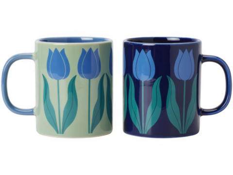Two ceramic mugs with blue tulip floral pattern in light green and dark blue isolated on a transparent background