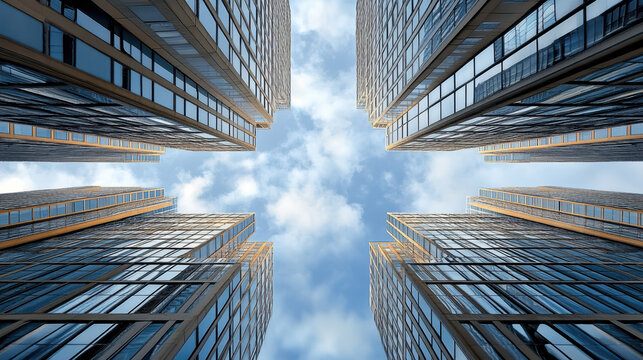 Glass skyscraper facade reflection vertical perspective city skyline blue sky calm