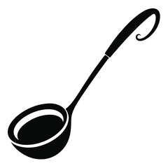 Simple black silhouette of a soup ladle resting on a plain white background