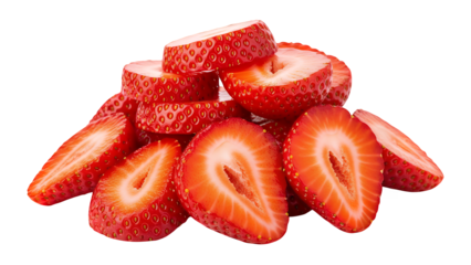 Vibrant pile of fresh red strawberries, including whole and perfectly halved berries showcasing their juicy interior, beautifully isolated on a transparent background
