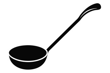 A stylized black ladle with a rounded bowl and curved handle stands isolated
