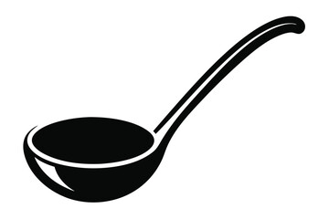 A black and white depicts a ladle with a curved handle gracefully