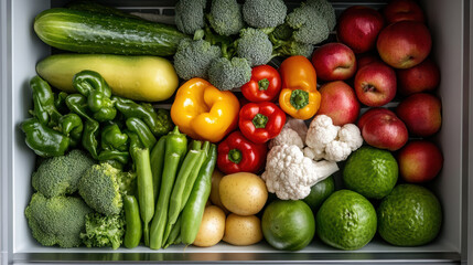 Fresh colorful produce refrigerator drawer with mixed vegetables and fruit, vibrant healthy scene