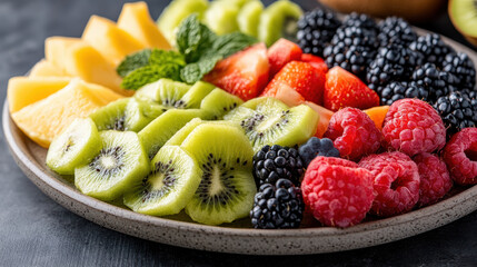 Fresh kiwi strawberry raspberry blackberry melon mint fruit plate bright healthy snack