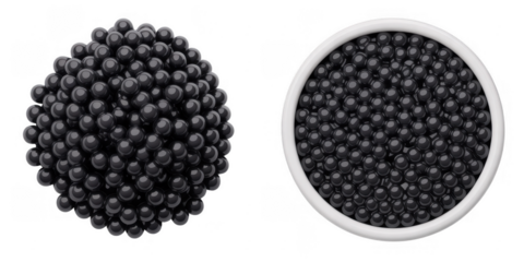 Two close up views of black caviar in a white bowl and a pile isolated on a transparent background