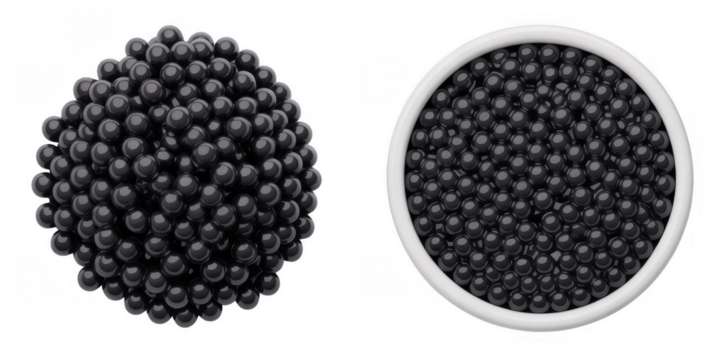 Two close up views of black caviar in a white bowl and a pile isolated on a transparent background