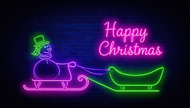 Vibrant neon snowman pulling a sleigh with happy christmas text on a dark brick wall background.