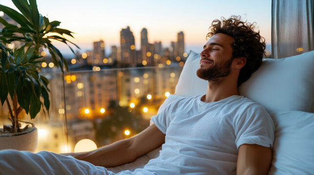 Young man relaxing on balcony sofa at dusk with city skyline and warm lights