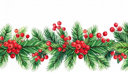 Watercolor Christmas Garland Border with Red Berries and Pine Branches.