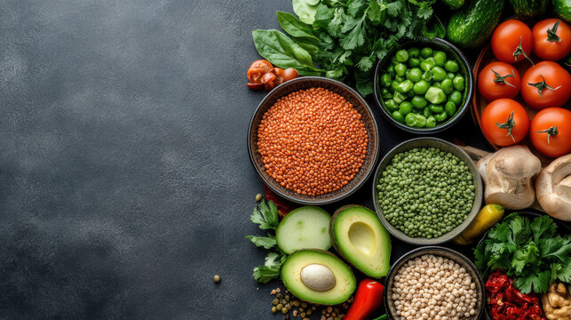 Fresh vegetable and legume arrangement with avocado, tomato, lentil and pea bowls