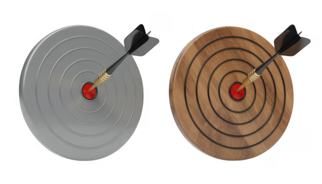 Two dartboards one metal one wood with darts in the bullseye isolated on a transparent background