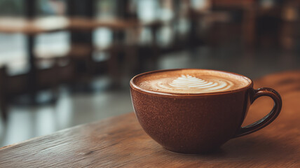 A delicious cappuccino sits in a brown mug, inviting relaxation in a welcoming coffee shop Generative AI